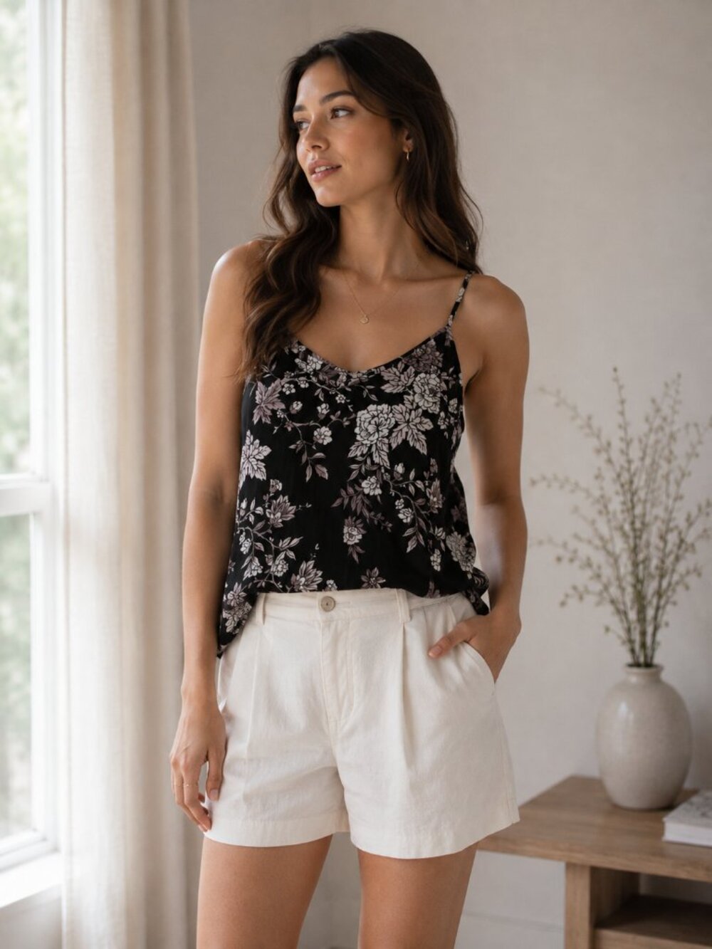 Wilfred Black Pink Floral Silk Camisole Spaghetti Strap Top S 0782